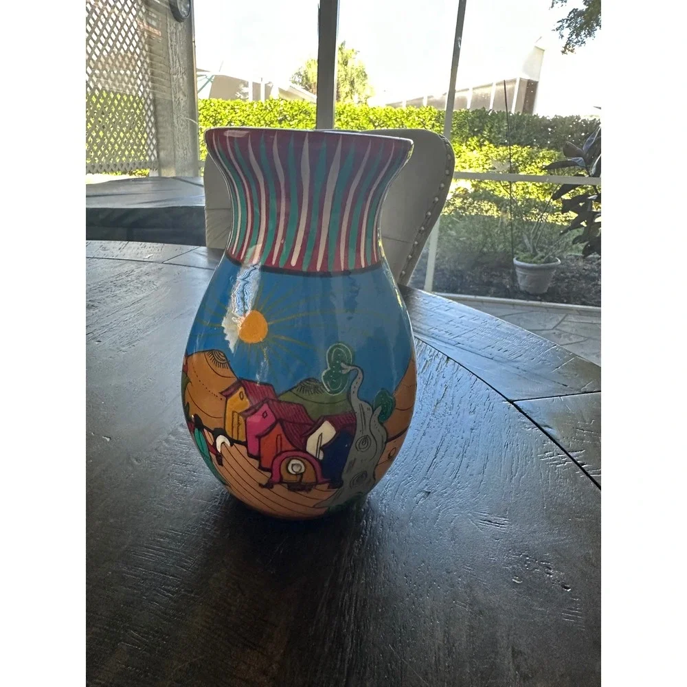 Hand Painted Mexican‎ Pottery Pitcher Folk Art Village Scene signed VGUC